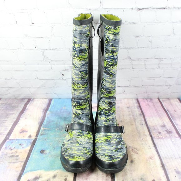 LL Bean Mariner Blue Camouflage Knee High Wellie Rain Boots Size 7 M - Picture 5 of 9